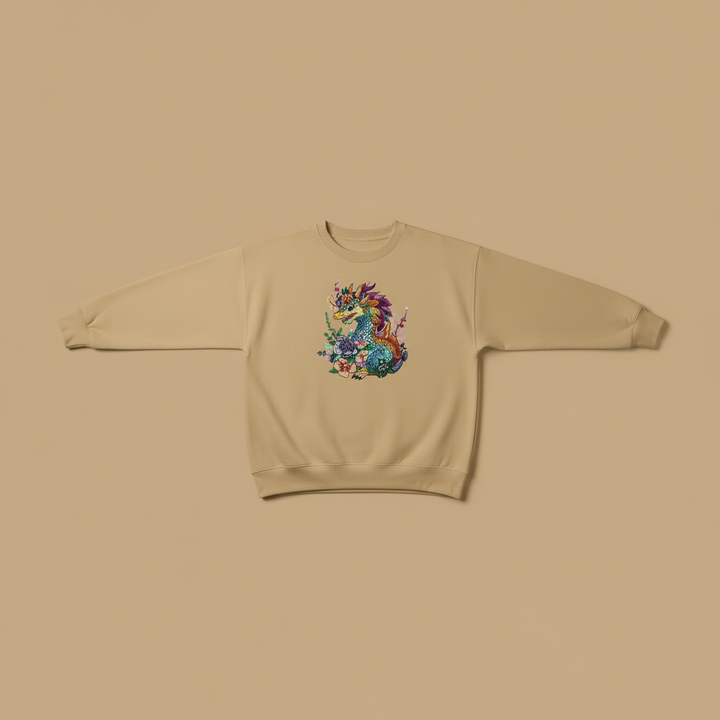 Vivid Bloom Dragon — Premium Embroidered Unisex Crewneck | Original EmbroMania Design