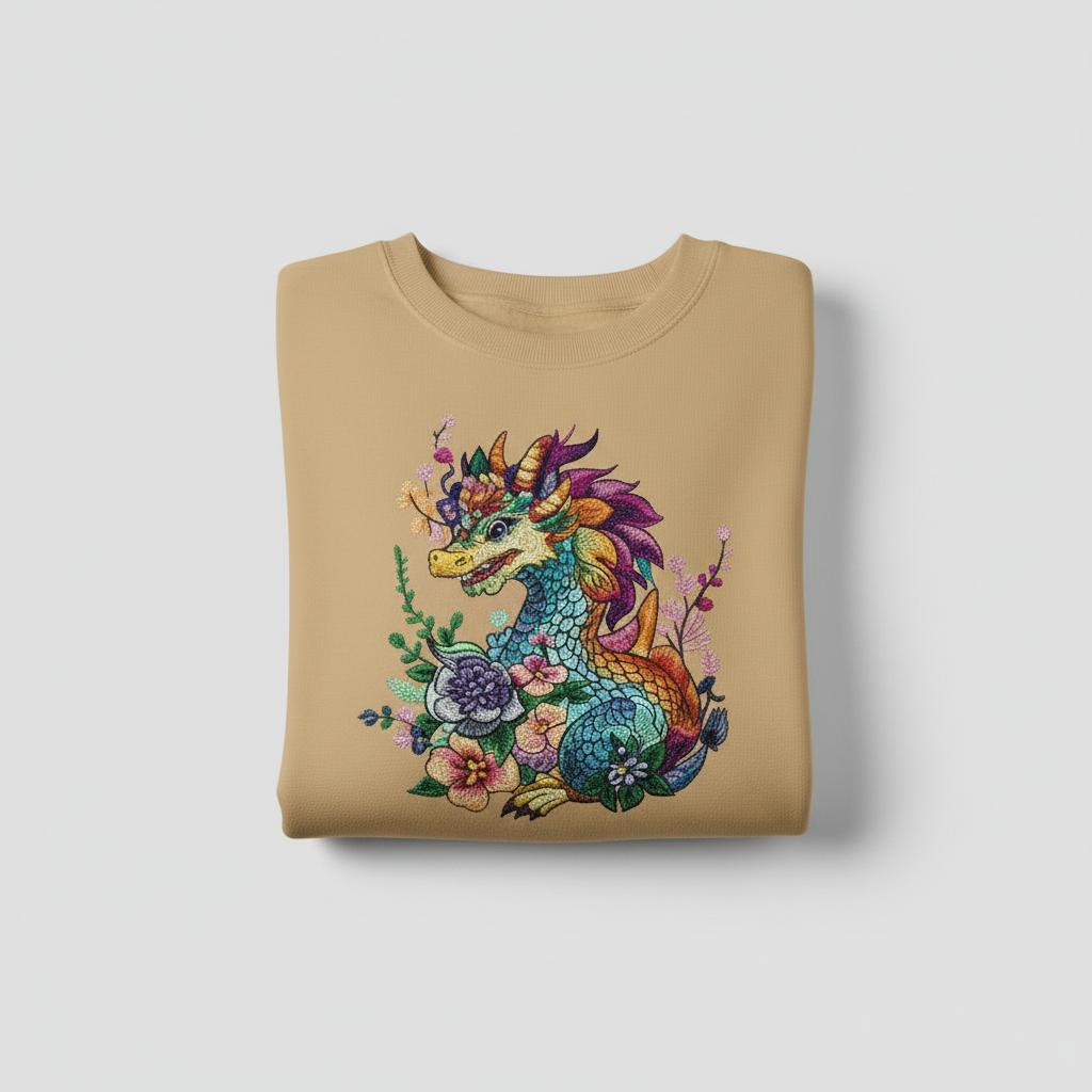Vivid Bloom Dragon — Premium Embroidered Unisex Crewneck | Original EmbroMania Design