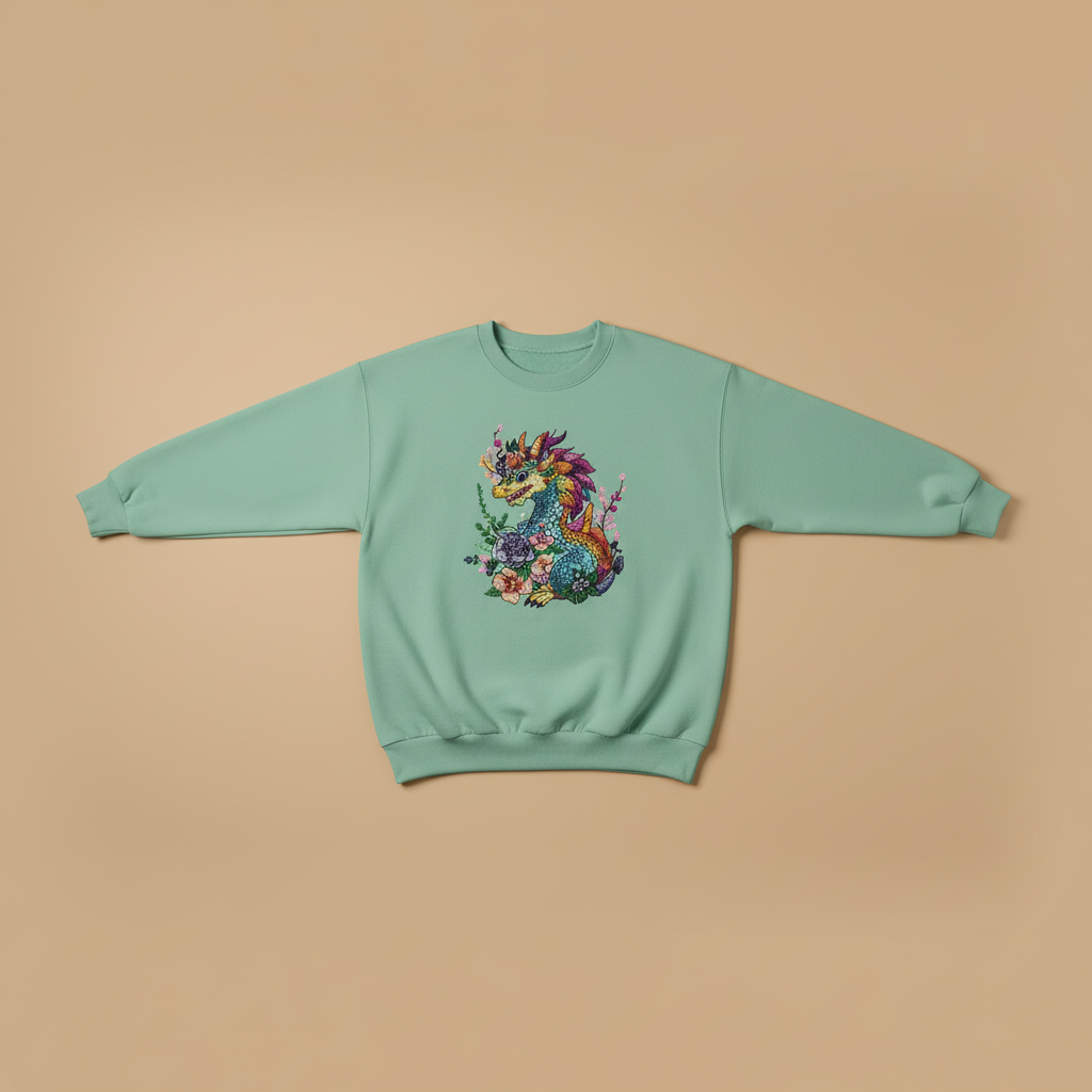 Vivid Bloom Dragon — Premium Embroidered Unisex Crewneck | Original EmbroMania Design