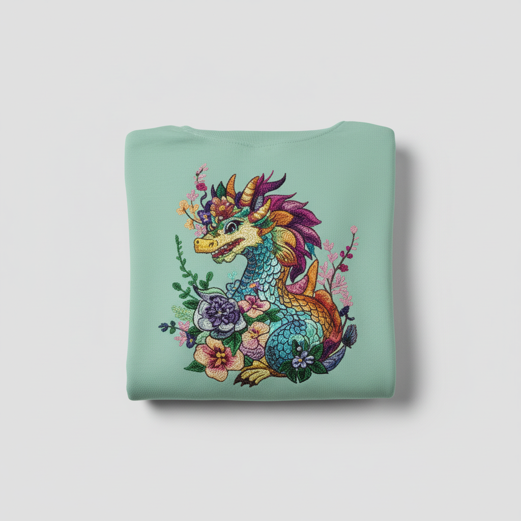 Vivid Bloom Dragon — Premium Embroidered Unisex Crewneck | Original EmbroMania Design