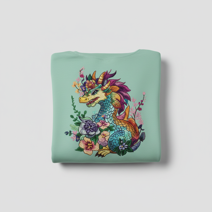 Vivid Bloom Dragon — Premium Embroidered Unisex Crewneck | Original EmbroMania Design