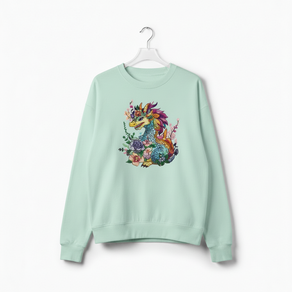 Vivid Bloom Dragon — Premium Embroidered Unisex Crewneck | Original EmbroMania Design