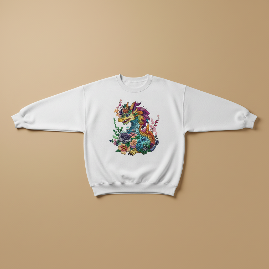Vivid Bloom Dragon — Premium Embroidered Unisex Crewneck | Original EmbroMania Design
