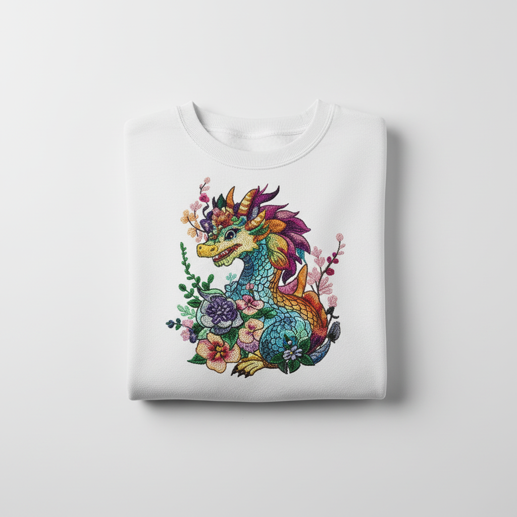 Vivid Bloom Dragon — Premium Embroidered Unisex Crewneck | Original EmbroMania Design
