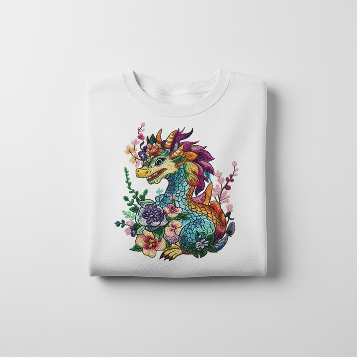 Vivid Bloom Dragon — Premium Embroidered Unisex Crewneck | Original EmbroMania Design
