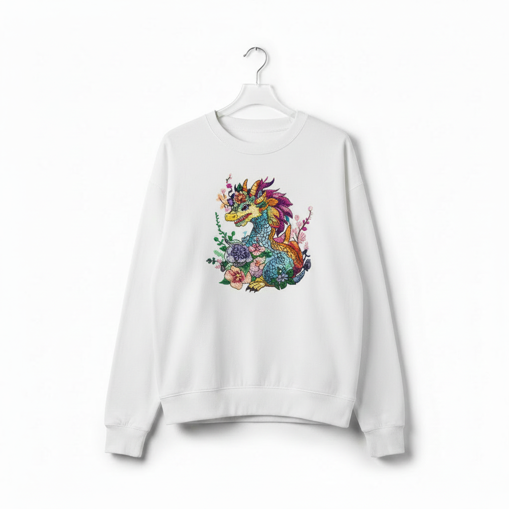 Vivid Bloom Dragon — Premium Embroidered Unisex Crewneck | Original EmbroMania Design