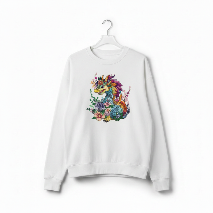 Vivid Bloom Dragon — Premium Embroidered Unisex Crewneck | Original EmbroMania Design