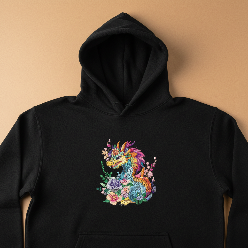 Vivid Floral Dragon — Premium Embroidered Hoodie | Original EmbroMania Design