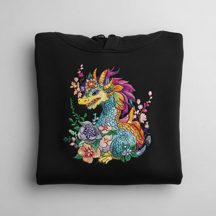 Vivid Floral Dragon — Premium Embroidered Hoodie | Original EmbroMania Design