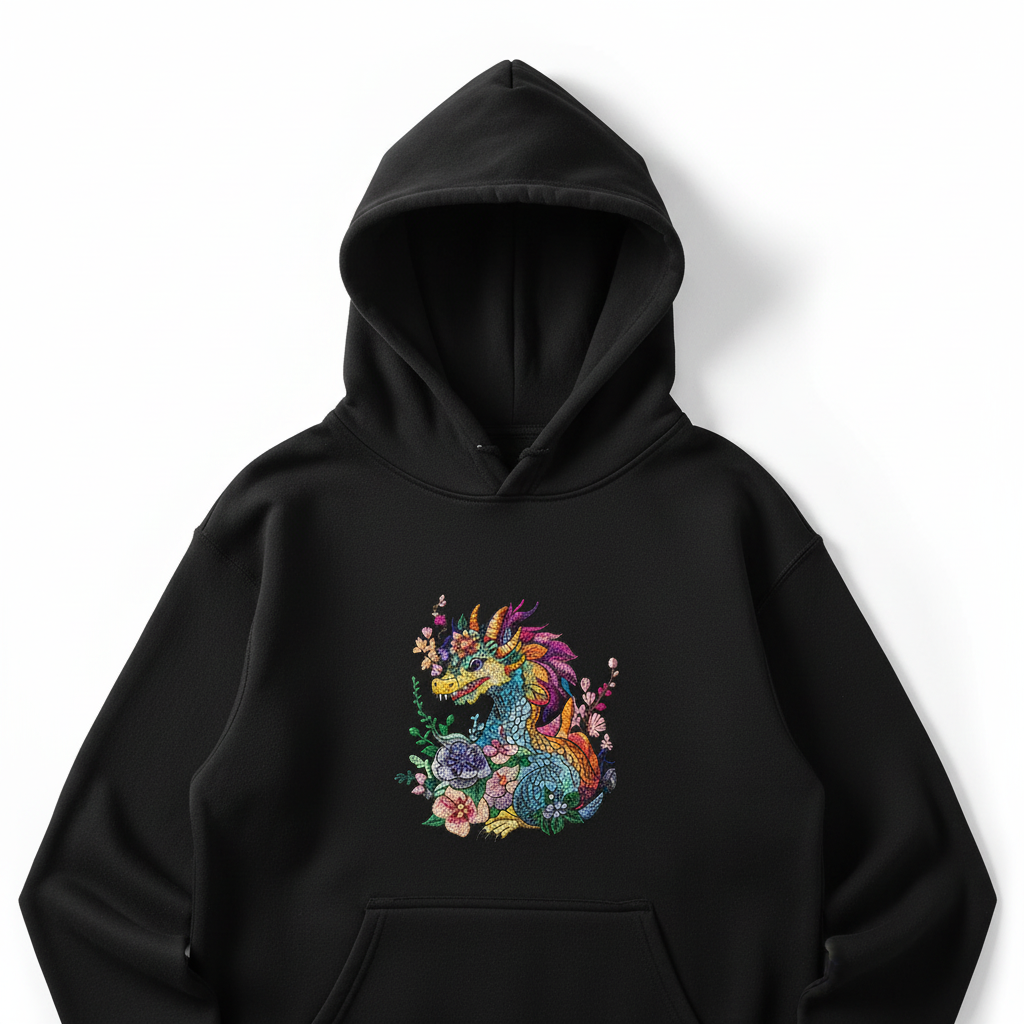 Vivid Floral Dragon — Premium Embroidered Hoodie | Original EmbroMania Design