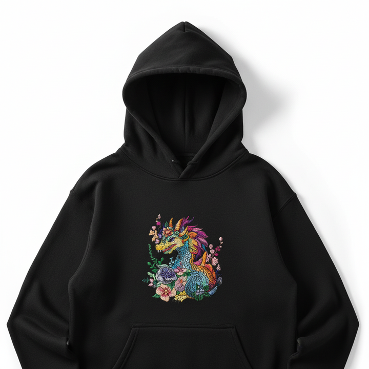 Vivid Floral Dragon — Premium Embroidered Hoodie | Original EmbroMania Design
