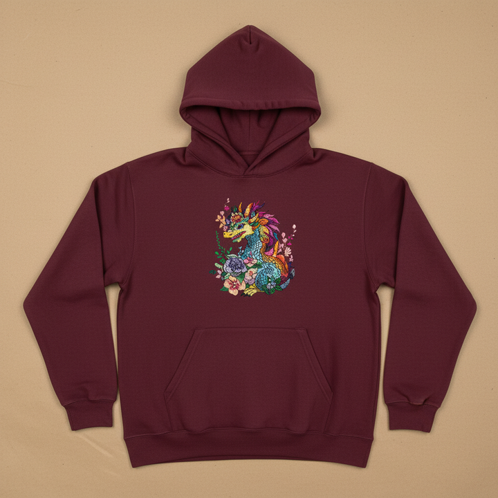 Vivid Floral Dragon — Premium Embroidered Hoodie | Original EmbroMania Design