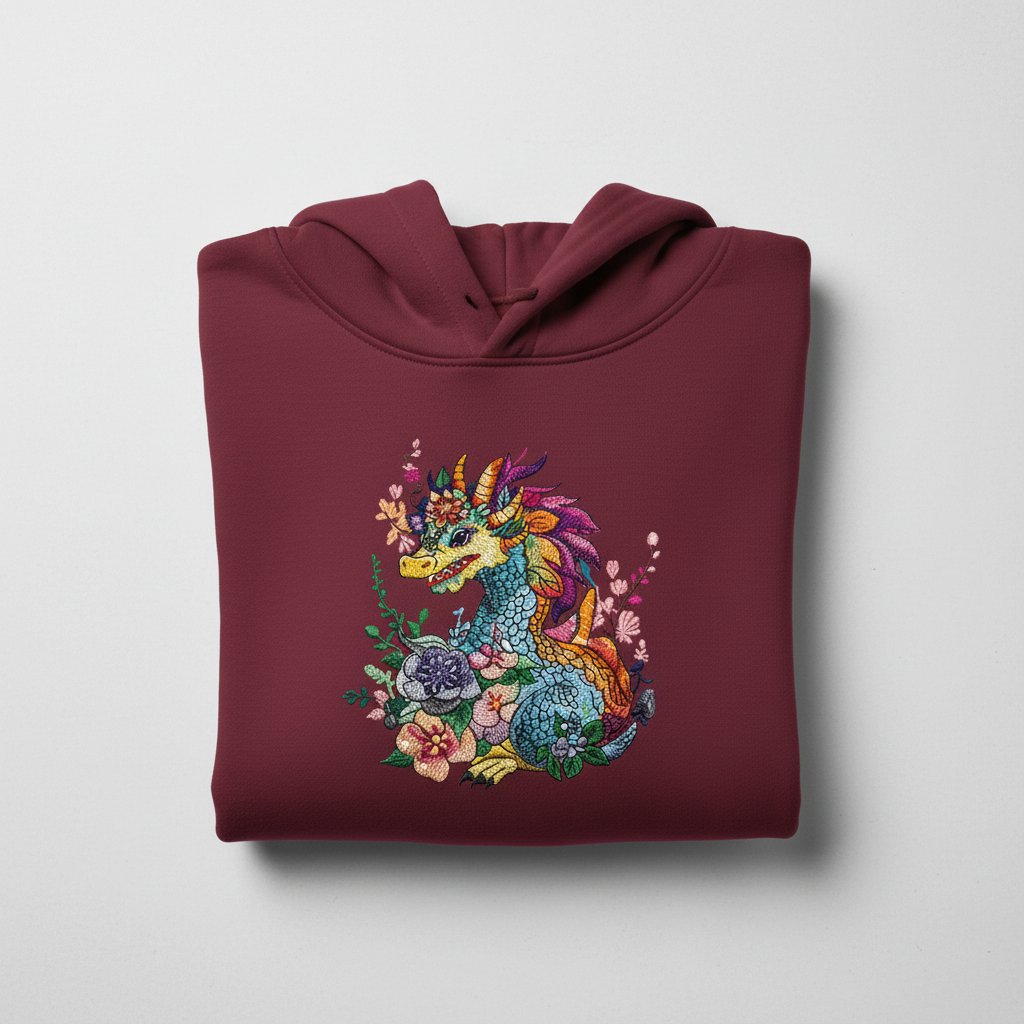 Vivid Floral Dragon — Premium Embroidered Hoodie | Original EmbroMania Design