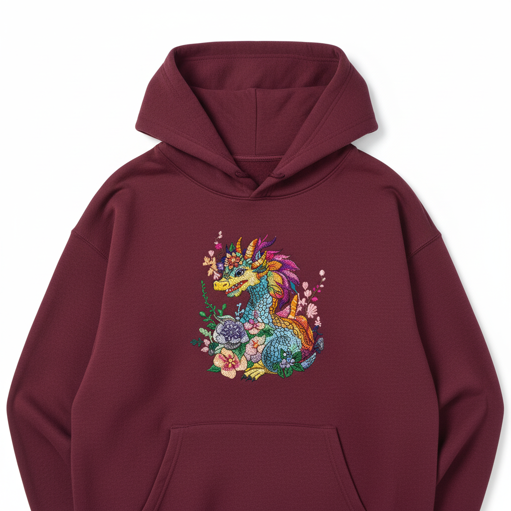 Vivid Floral Dragon — Premium Embroidered Hoodie | Original EmbroMania Design