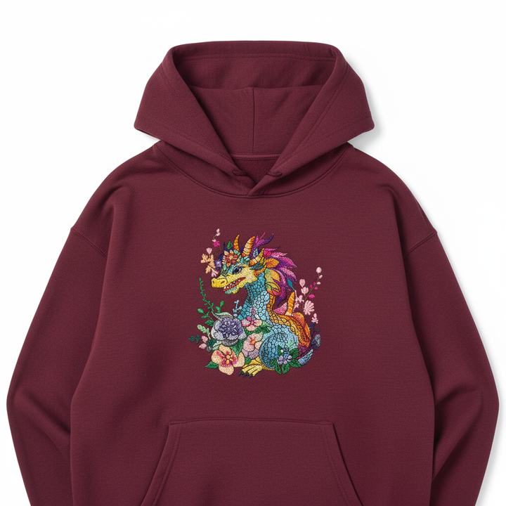 Vivid Floral Dragon — Premium Embroidered Hoodie | Original EmbroMania Design