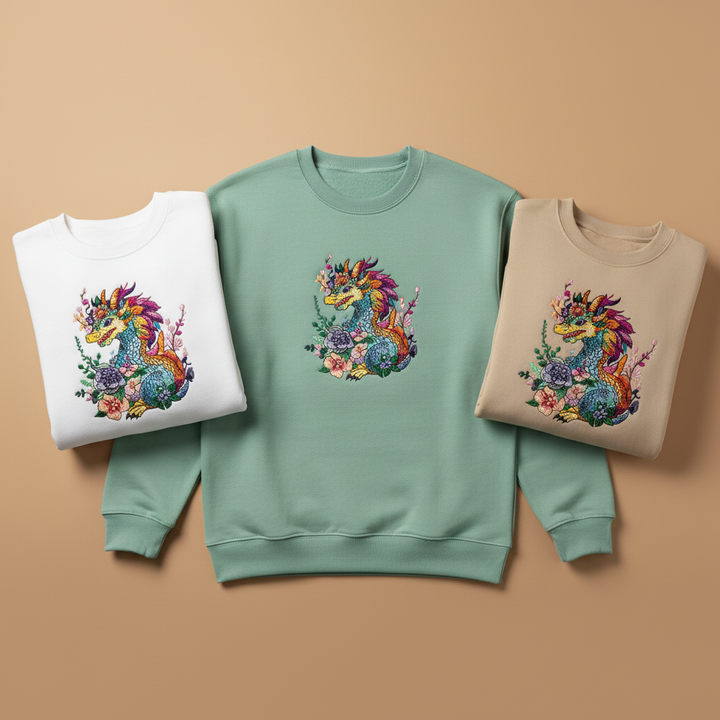 Vivid Bloom Dragon — Premium Embroidered Unisex Crewneck | Original EmbroMania Design
