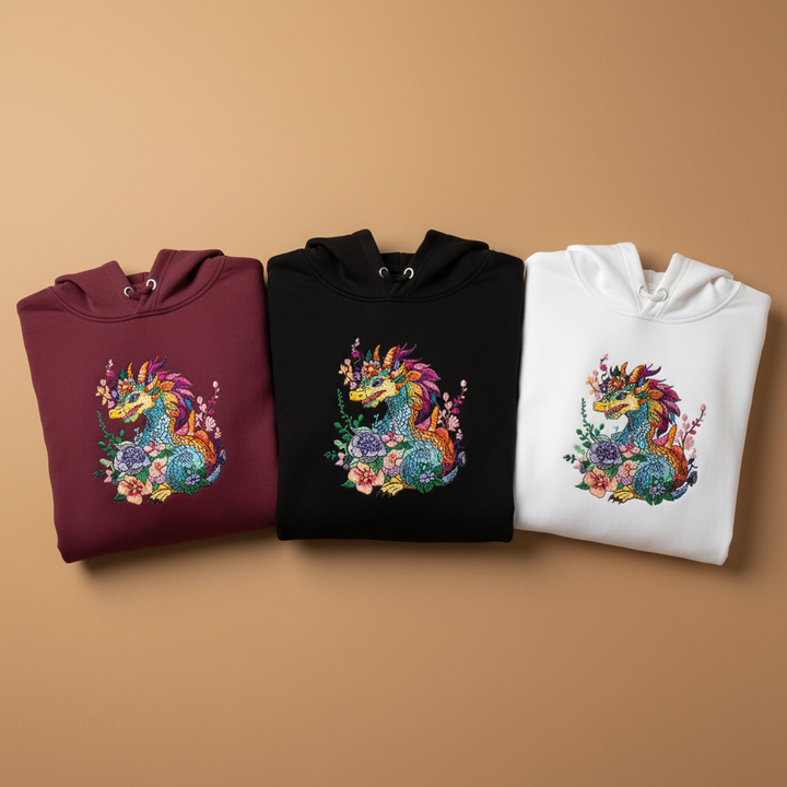 Vivid Floral Dragon — Premium Embroidered Hoodie | Original EmbroMania Design
