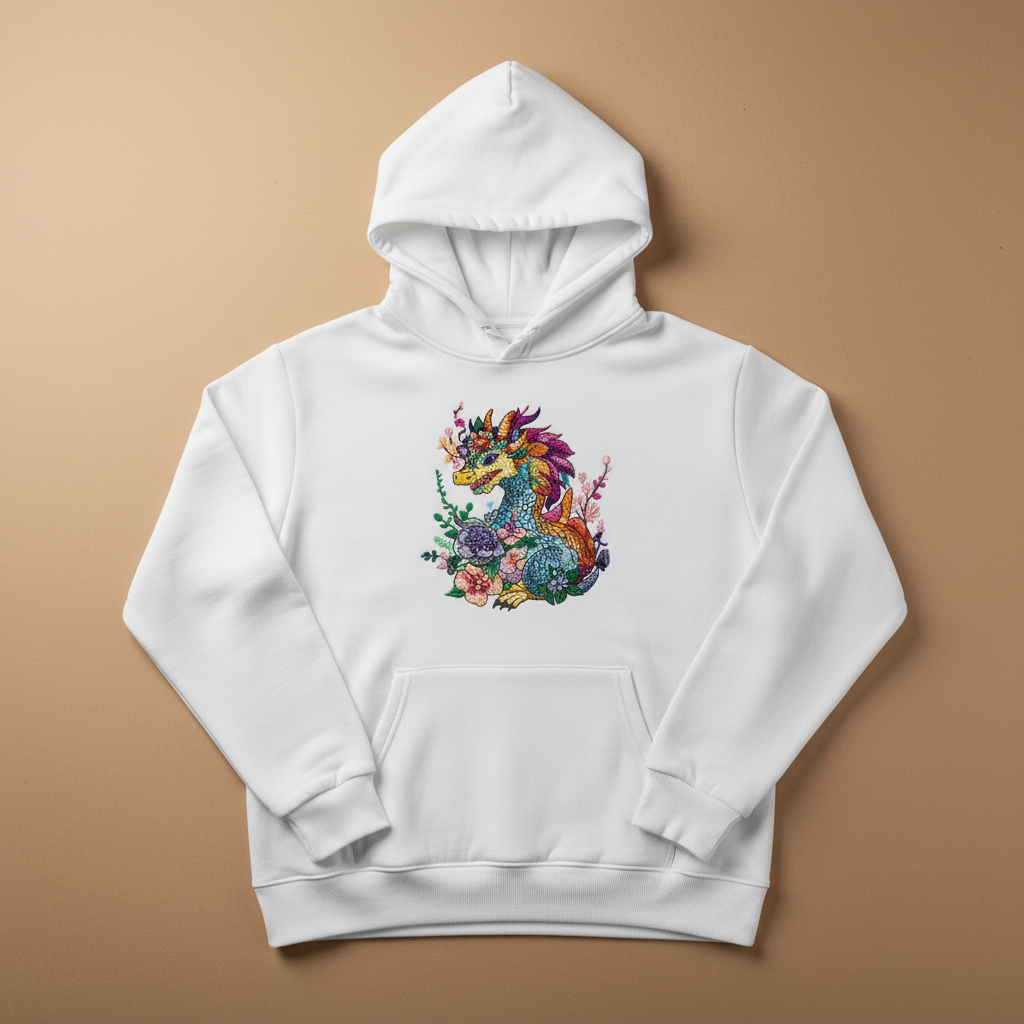 Vivid Floral Dragon — Premium Embroidered Hoodie | Original EmbroMania Design
