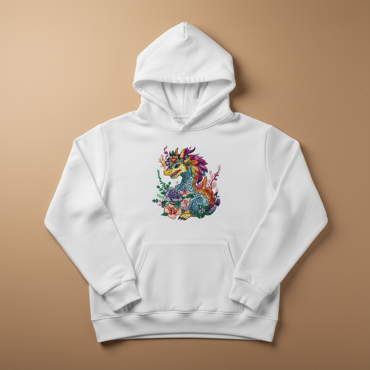 Vivid Floral Dragon — Premium Embroidered Hoodie | Original EmbroMania Design