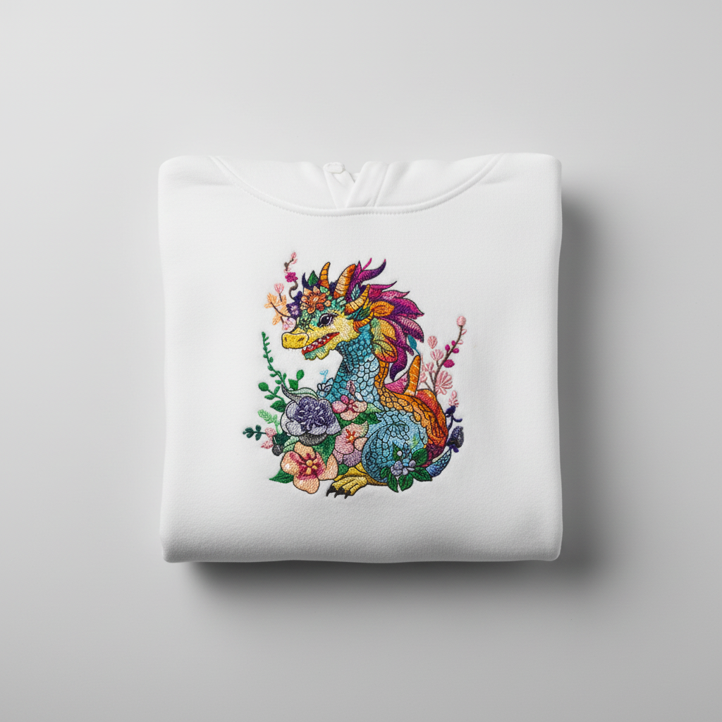 Vivid Floral Dragon — Premium Embroidered Hoodie | Original EmbroMania Design