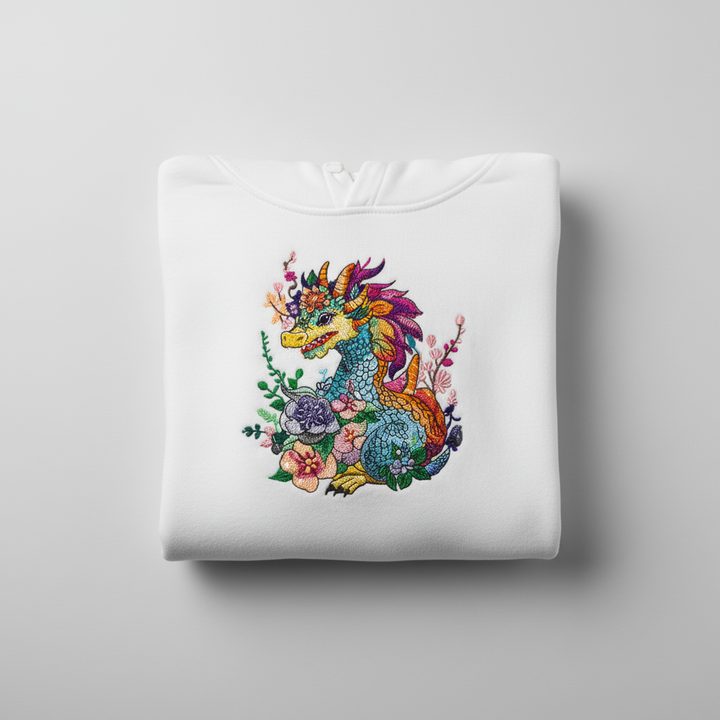 Vivid Floral Dragon — Premium Embroidered Hoodie | Original EmbroMania Design