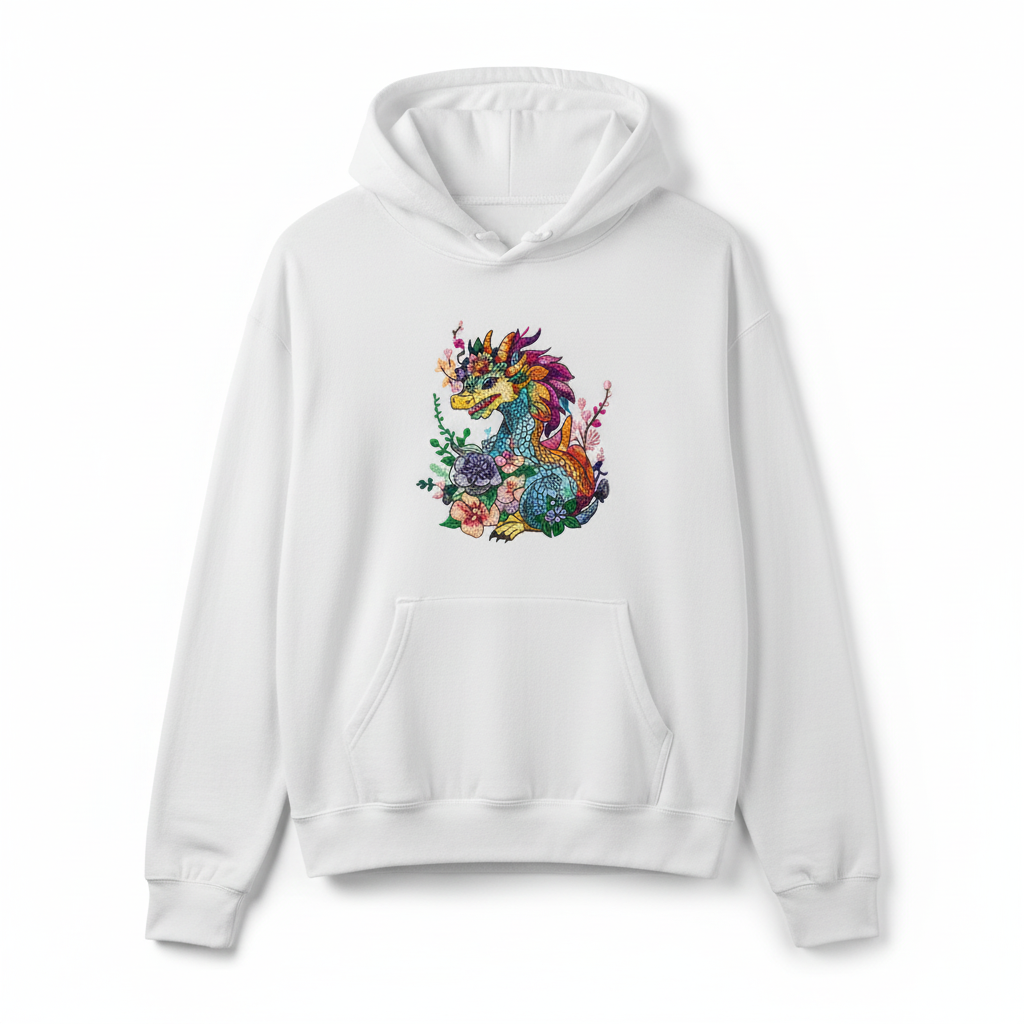 Vivid Floral Dragon — Premium Embroidered Hoodie | Original EmbroMania Design