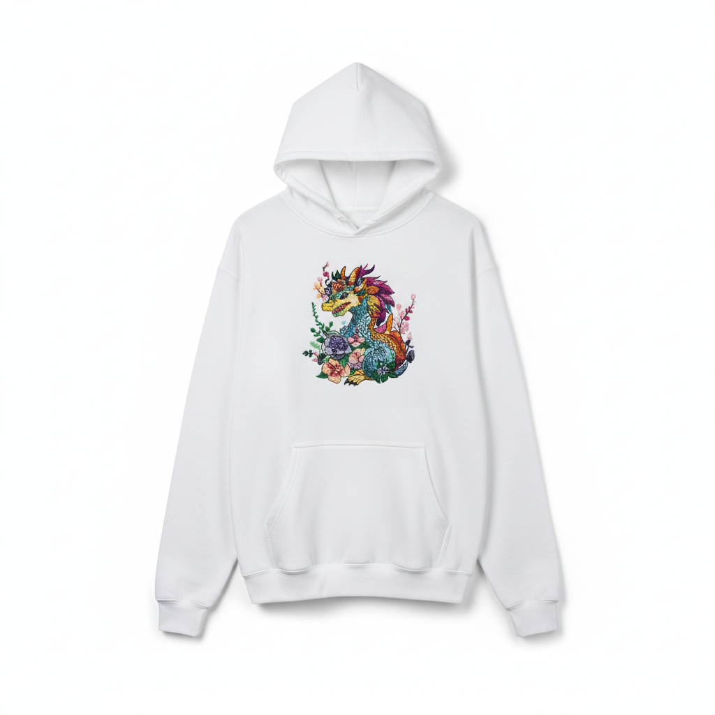 Vivid Floral Dragon — Premium Embroidered Hoodie | Original EmbroMania Design