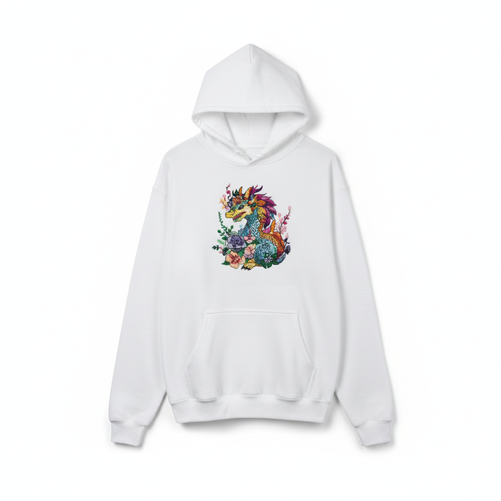Vivid Floral Dragon — Premium Embroidered Hoodie | Original EmbroMania Design
