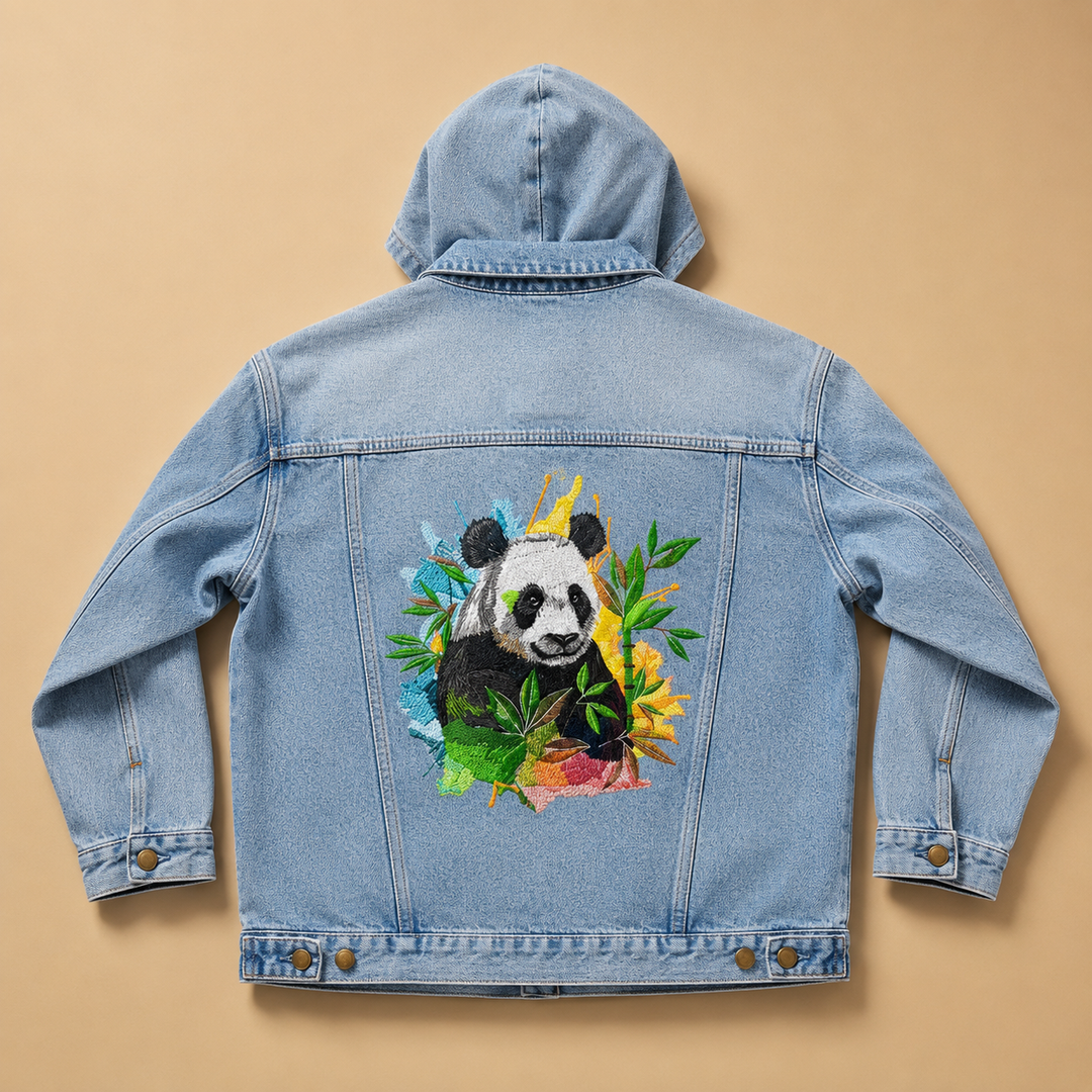 Vivid Panda Bamboo – Denim Hoodie Jacket Mockup | Hand Finished in Dubai