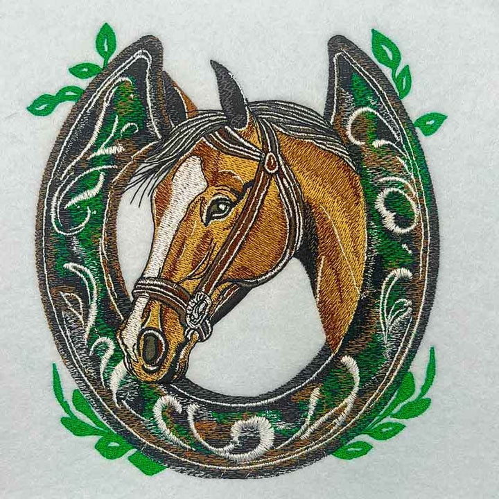 Horse Head &amp; Horseshoe Machine Embroidered Jute Tote – Hand Finished in Dubai | EmbroMania