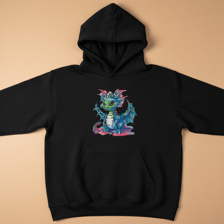 Whimsical Blue Dragon Machine Embroidered Hoodie – Hand Finished in Dubai | EmbroMania