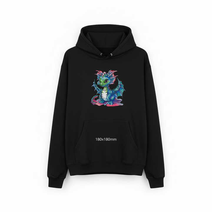 Whimsical Blue Dragon Machine Embroidered Hoodie – Hand Finished in Dubai | EmbroMania
