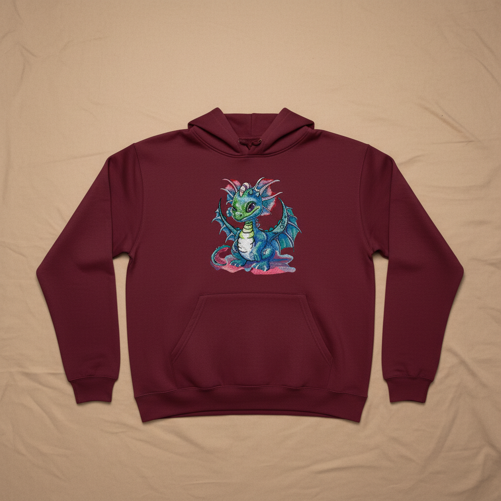 Whimsical Blue Dragon Machine Embroidered Hoodie – Hand Finished in Dubai | EmbroMania