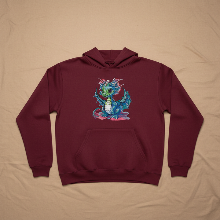Whimsical Blue Dragon Machine Embroidered Hoodie – Hand Finished in Dubai | EmbroMania