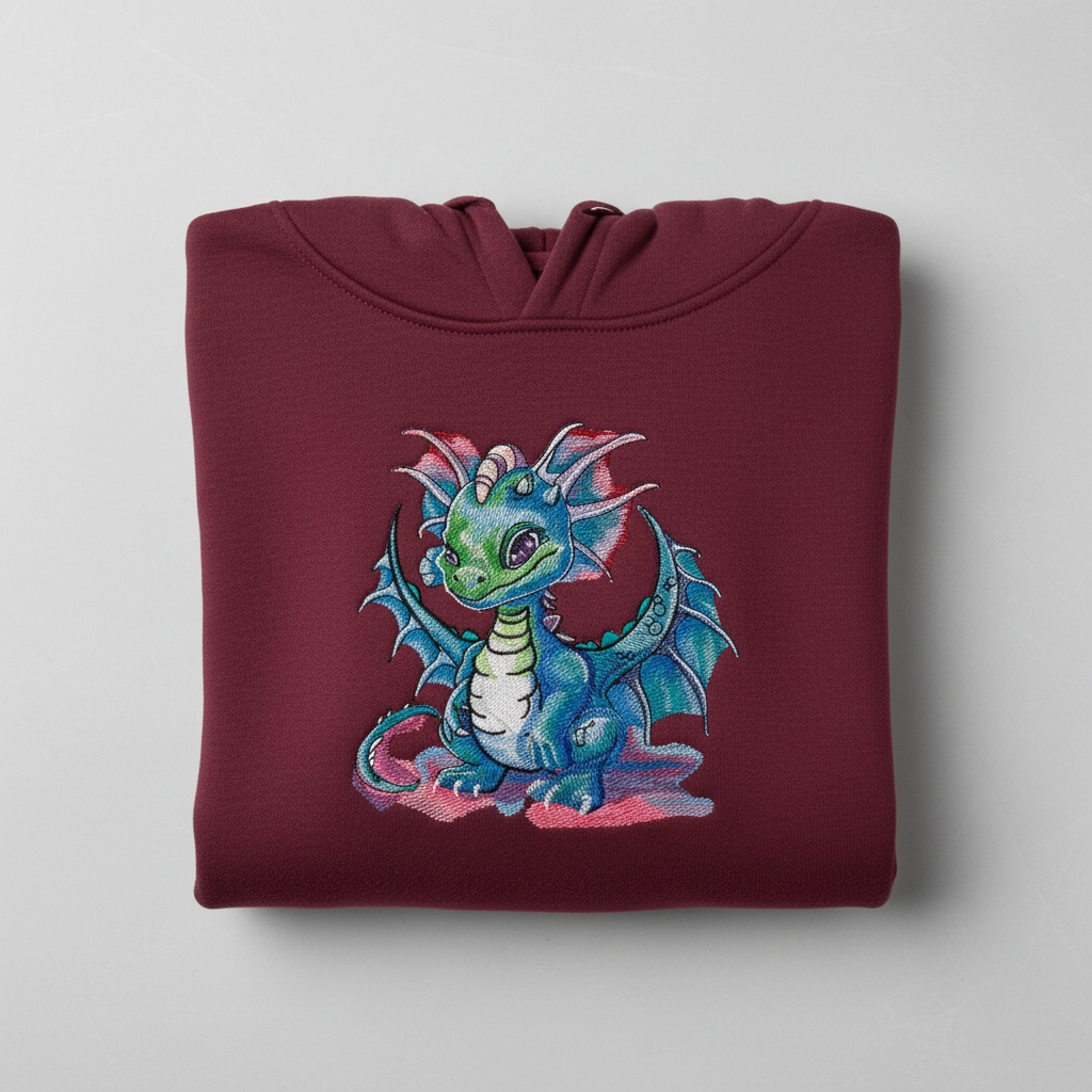 Whimsical Blue Dragon Machine Embroidered Hoodie – Hand Finished in Dubai | EmbroMania