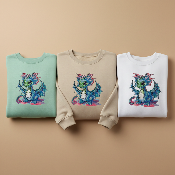 Playful Baby Dragon — Premium Embroidered Unisex Crewneck | Original EmbroMania Design
