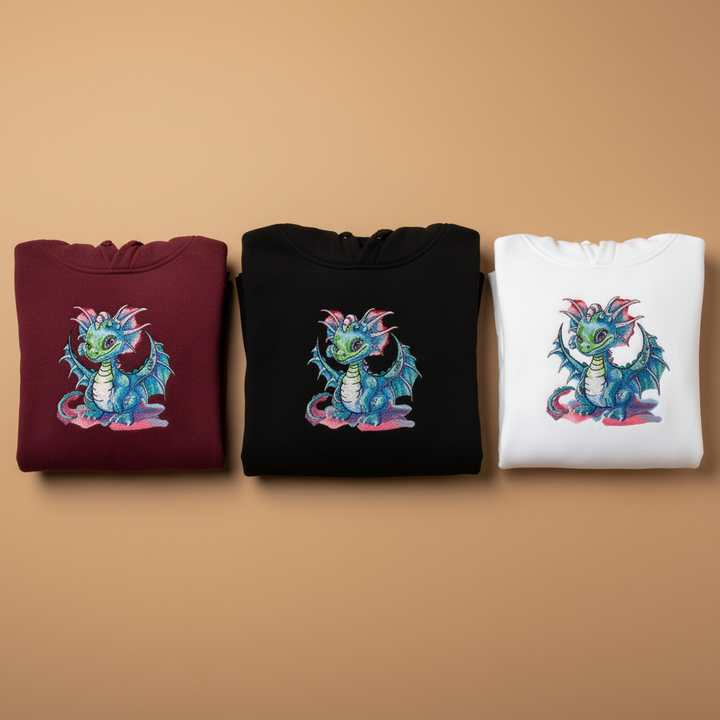 Whimsical Blue Dragon Machine Embroidered Hoodie – Hand Finished in Dubai | EmbroMania