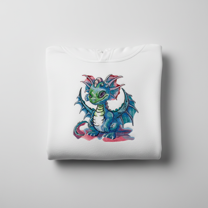Whimsical Blue Dragon Machine Embroidered Hoodie – Hand Finished in Dubai | EmbroMania