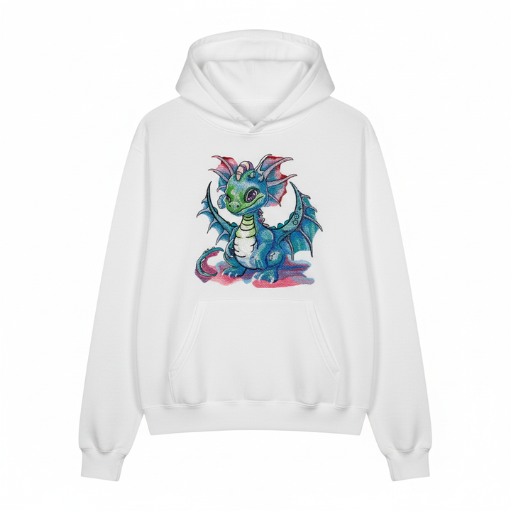 Whimsical Blue Dragon Machine Embroidered Hoodie – Hand Finished in Dubai | EmbroMania