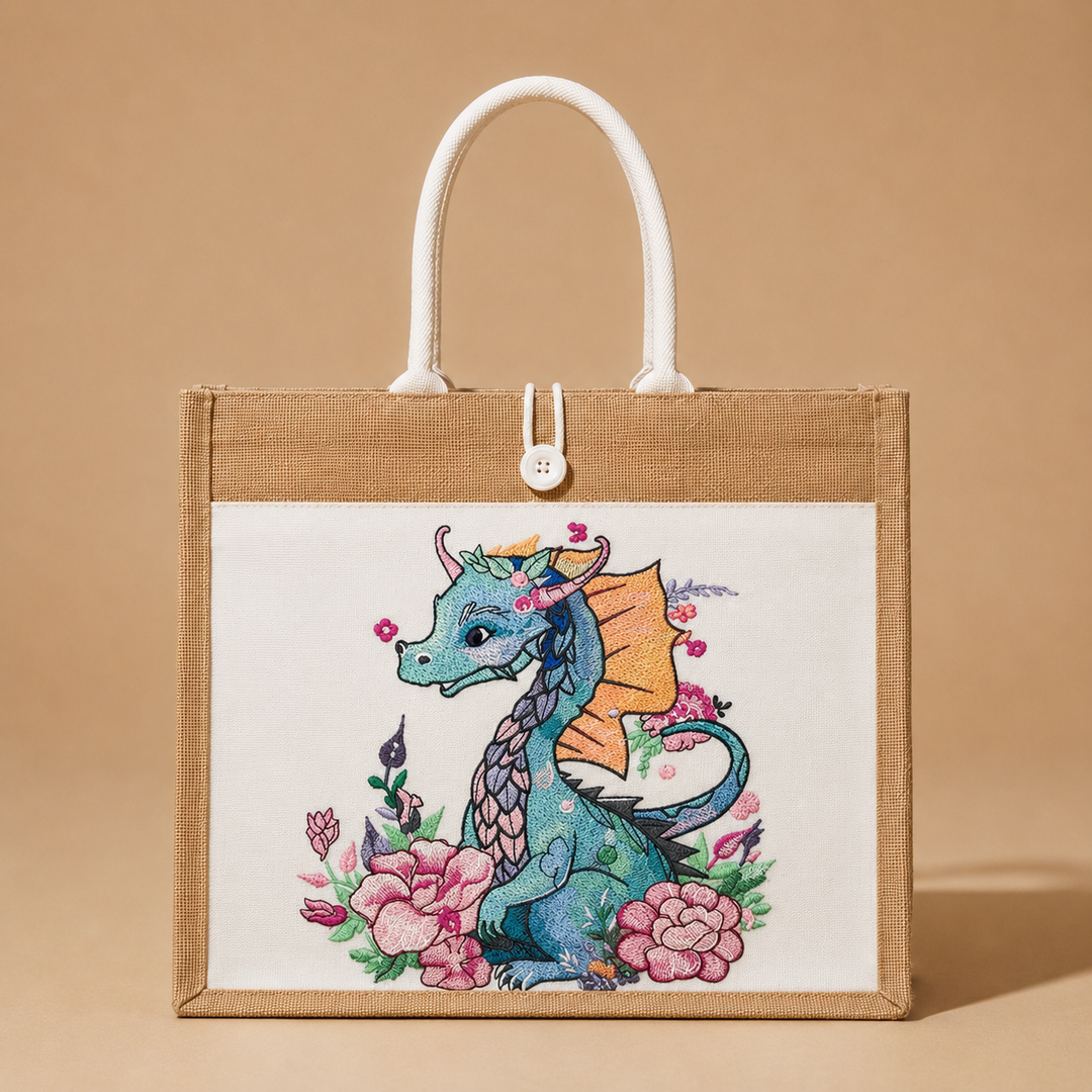 Tote bag with a colorful dragon design on a beige background