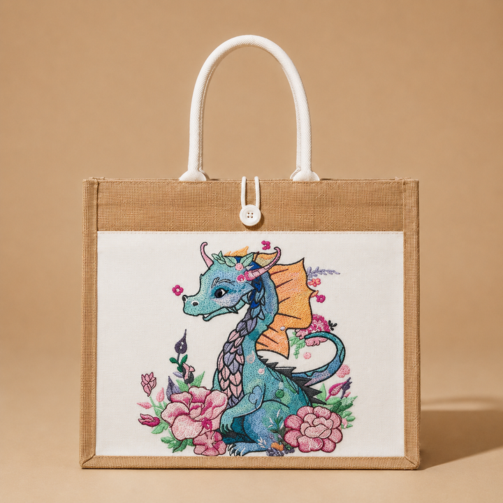 Tote bag with a colorful dragon design on a beige background