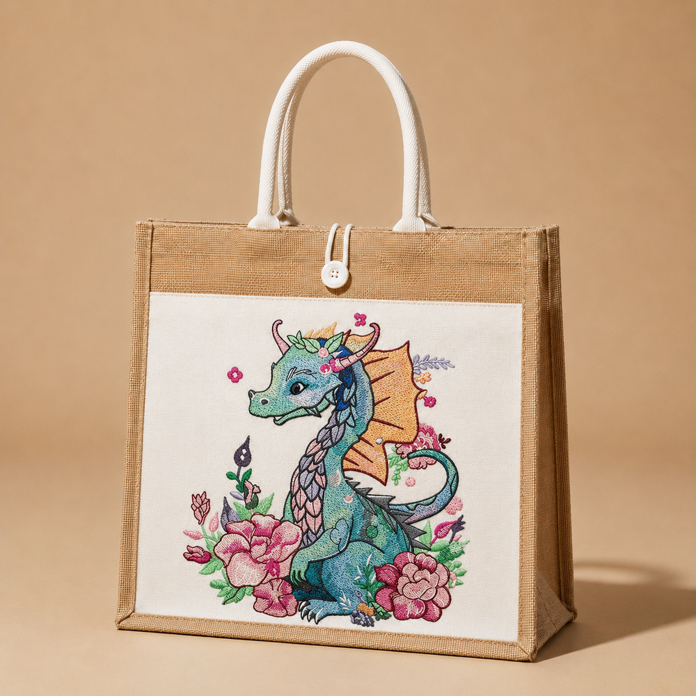 Jute bag with a dragon and floral design on a beige background