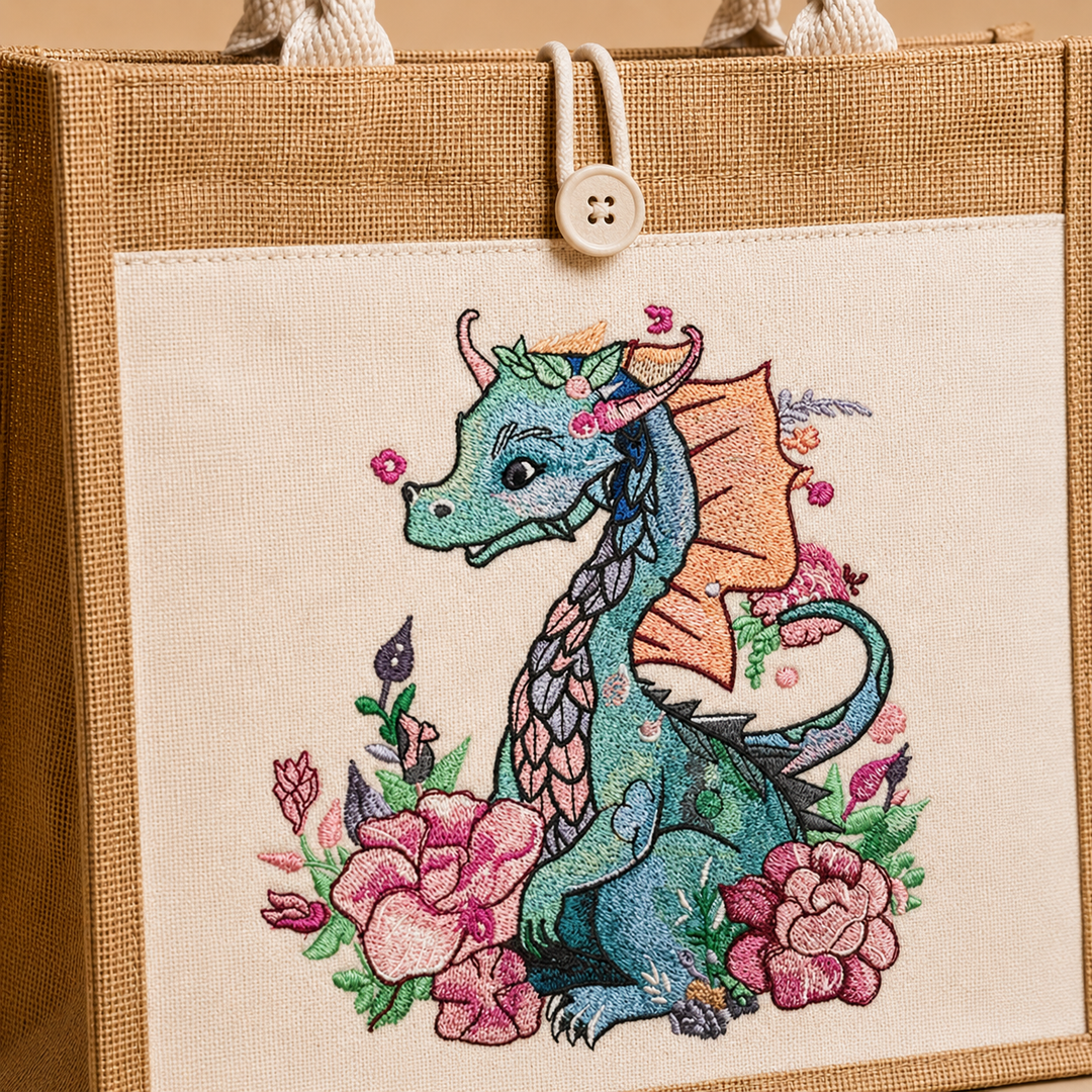 Embroidered dragon design on a fabric bag with flowers.