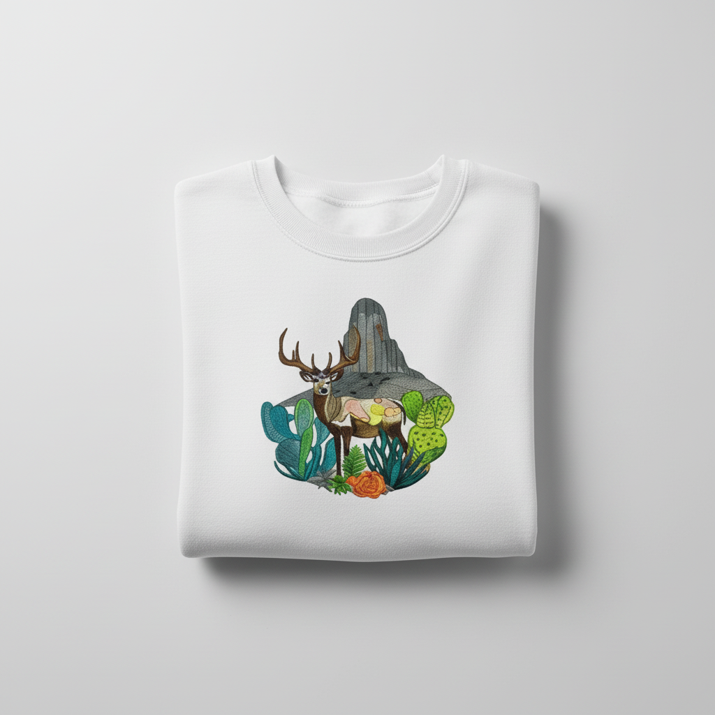 Adventure Edition Desert Deer Landscape — Premium Embroidered Sweatshirt | Original EmbroMania Design