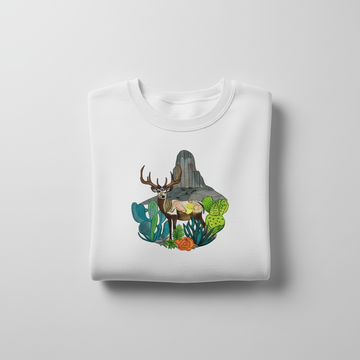 Adventure Edition Desert Deer Landscape — Premium Embroidered Sweatshirt | Original EmbroMania Design
