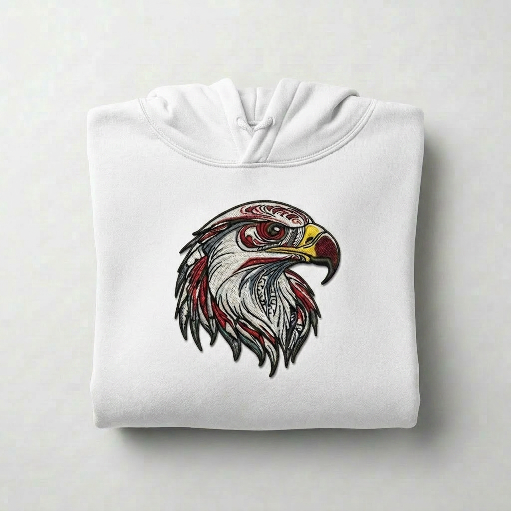 Vivid Eagle Head Machine Embroidered Hoodie – Hand Finished in Dubai | EmbroMania
