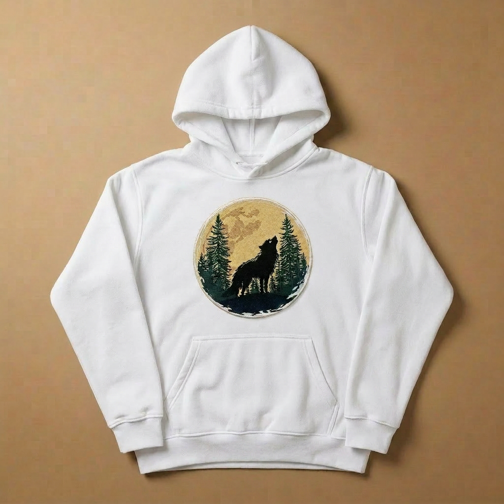 Mystic Forest Wolf Machine Embroidered Hoodie – Hand Finished in Dubai | EmbroMania