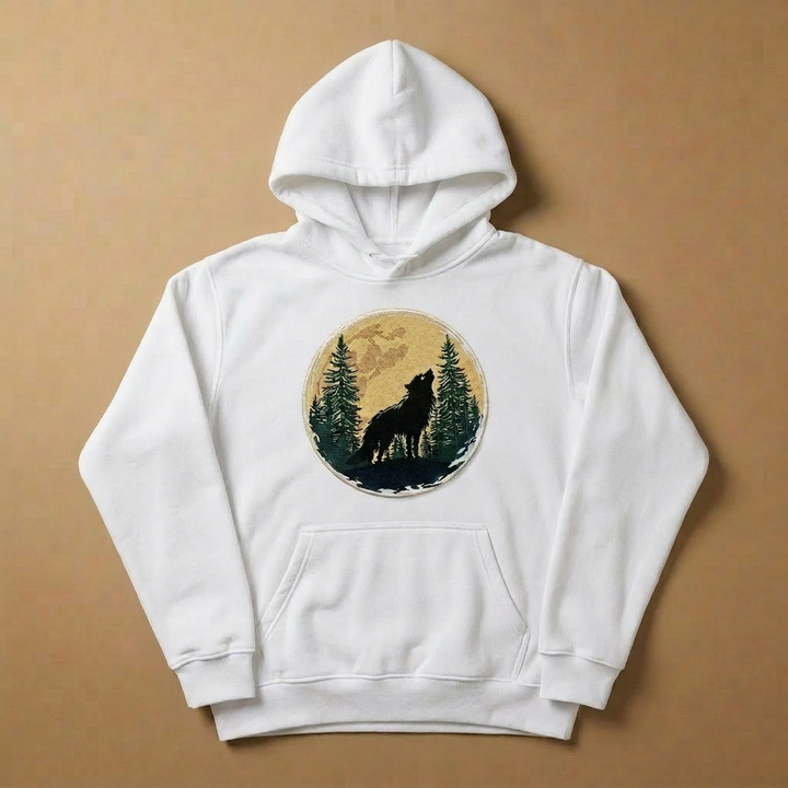 Mystic Forest Wolf Machine Embroidered Hoodie – Hand Finished in Dubai | EmbroMania