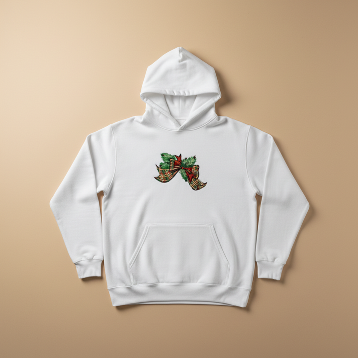 Tartan Ribbon &amp; Evergreen Bow — Premium Embroidered Collection | Hoodie • Sweatshirt • Jute Tote | Original EmbroMania Design