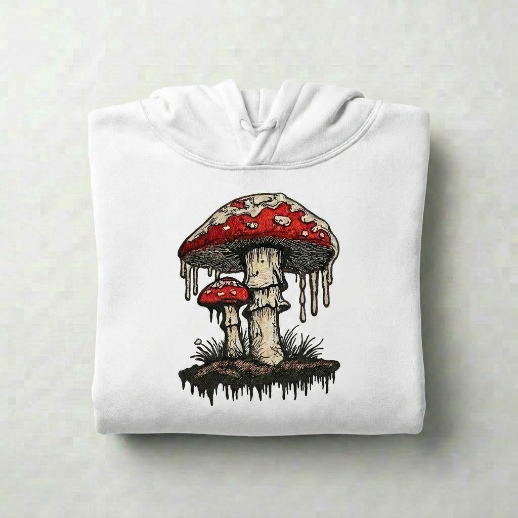Enchanted Mushroom Machine Embroidered Hoodie – Hand Finished in Dubai | EmbroMania